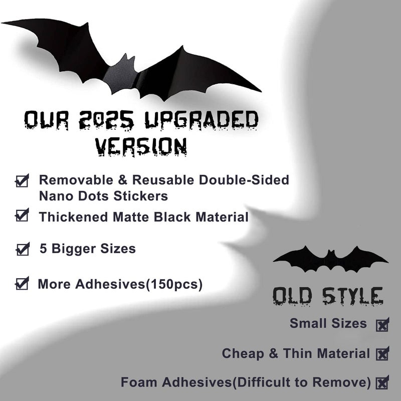 CESOF Halloween 3D Bats Wall Decor - 120 Pcs 5 Sizes Matte Black PVC Reusable DIY Stickers, Vintage Decals for Home, Porch, Door, Indoor Outdoor Party Supplies - Image 3